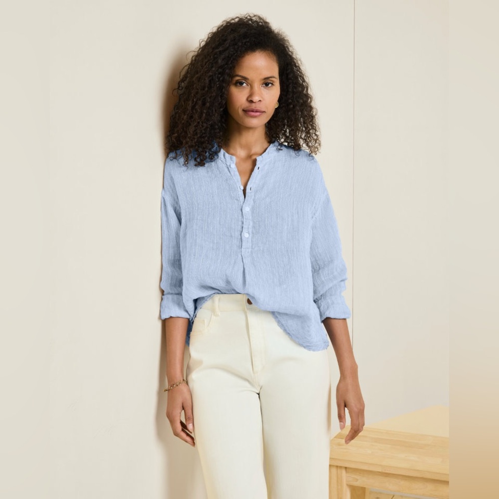 CP Shades 100% Linen Blue Henley Tunic Blouse L